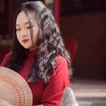 girl, aodai, portable fan, temple, model, portrait